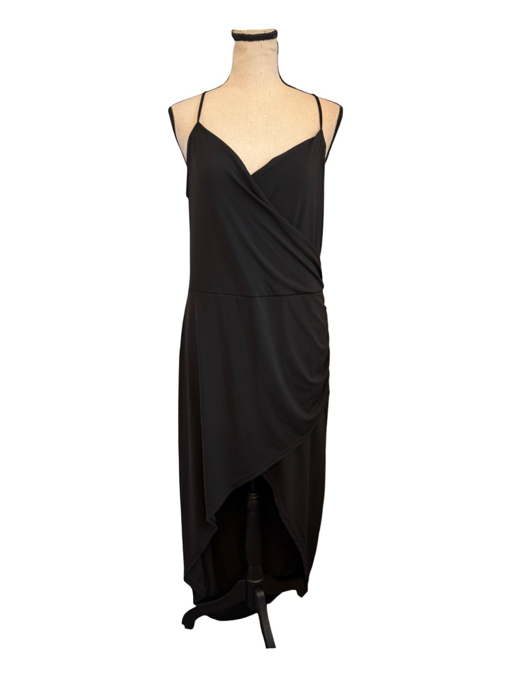 Venus Black Asymmetrical High Low Midi Dress Size L Faux Wrap Ruched